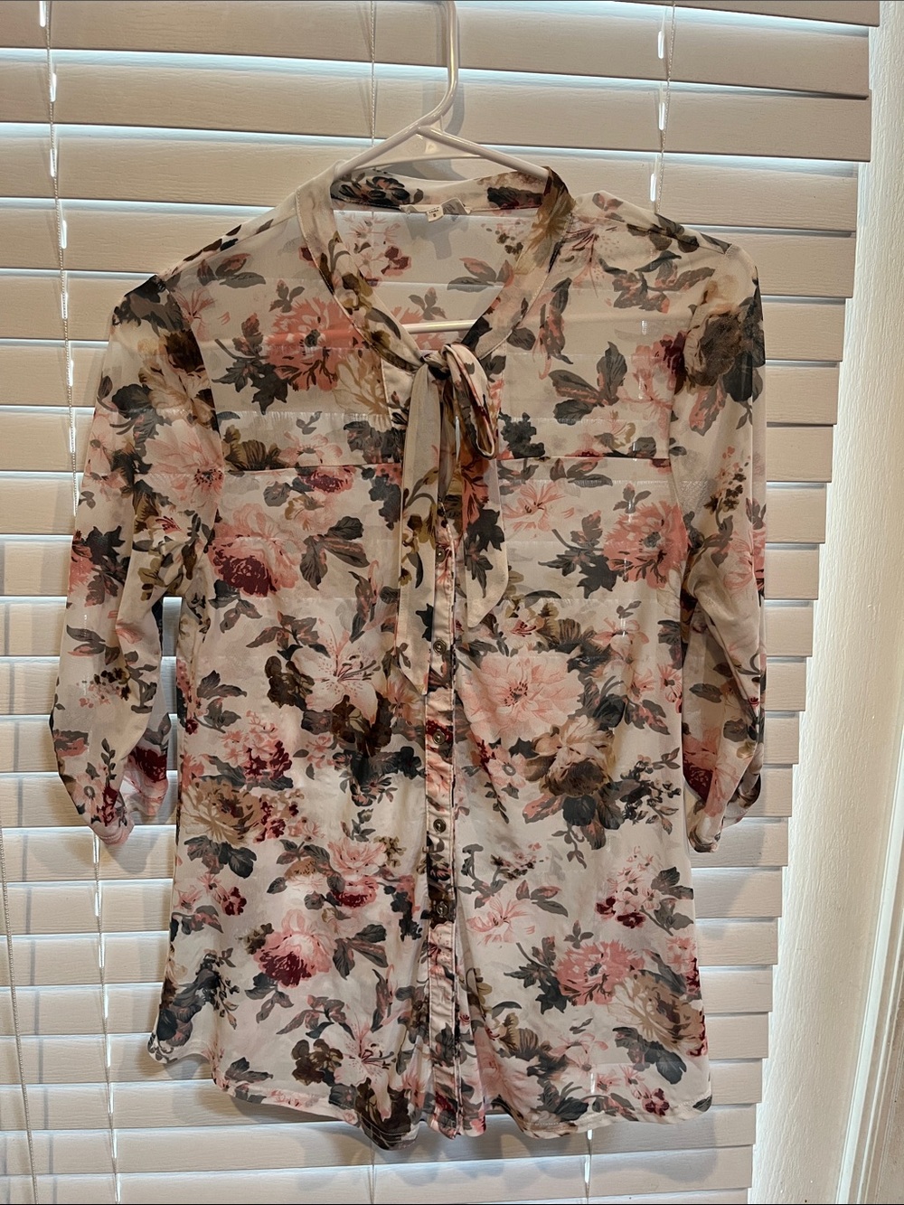 Siren Lily Cream Tie-Neck Floral Blouse with Pink & Brown Accents